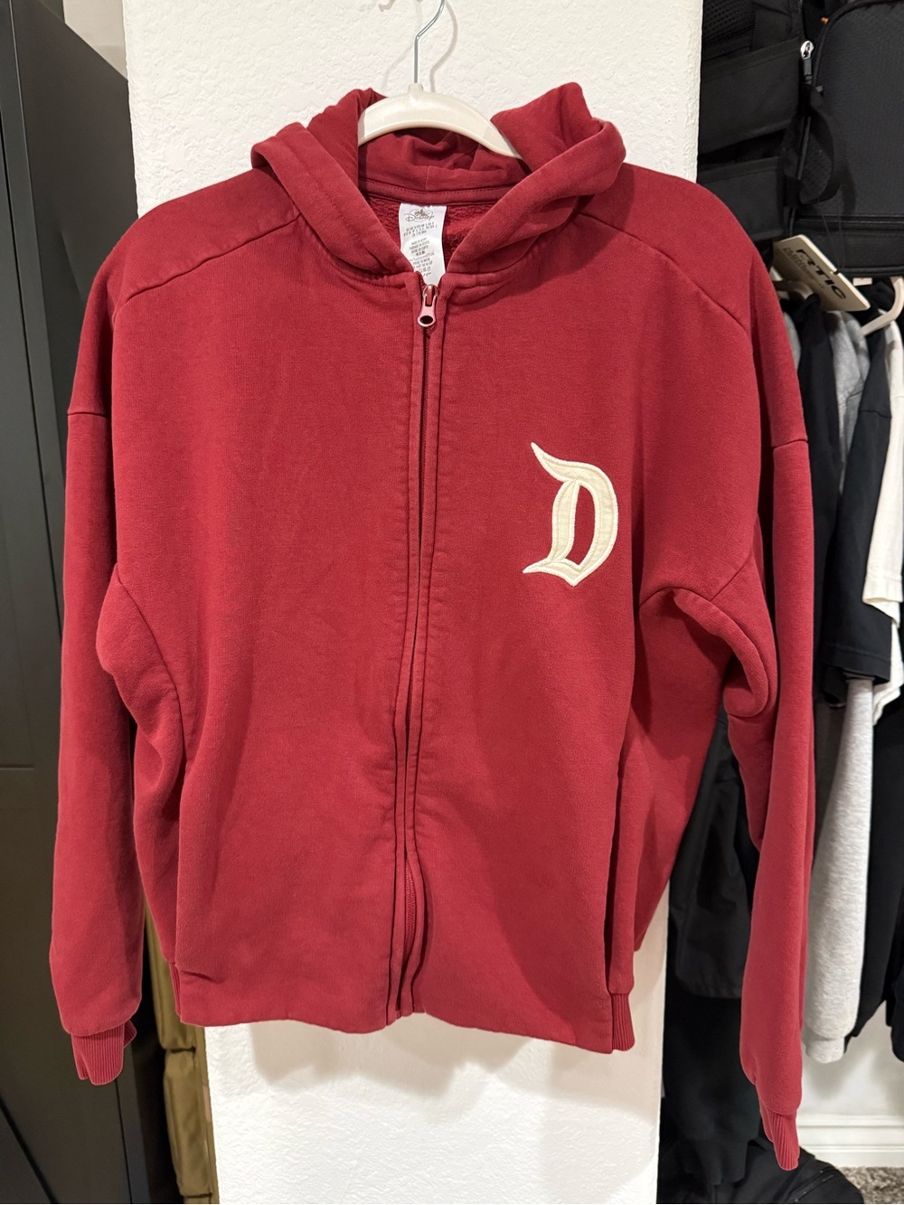 Disney Red Full-Zip Hooded Jacket with Cream 'D' Patch